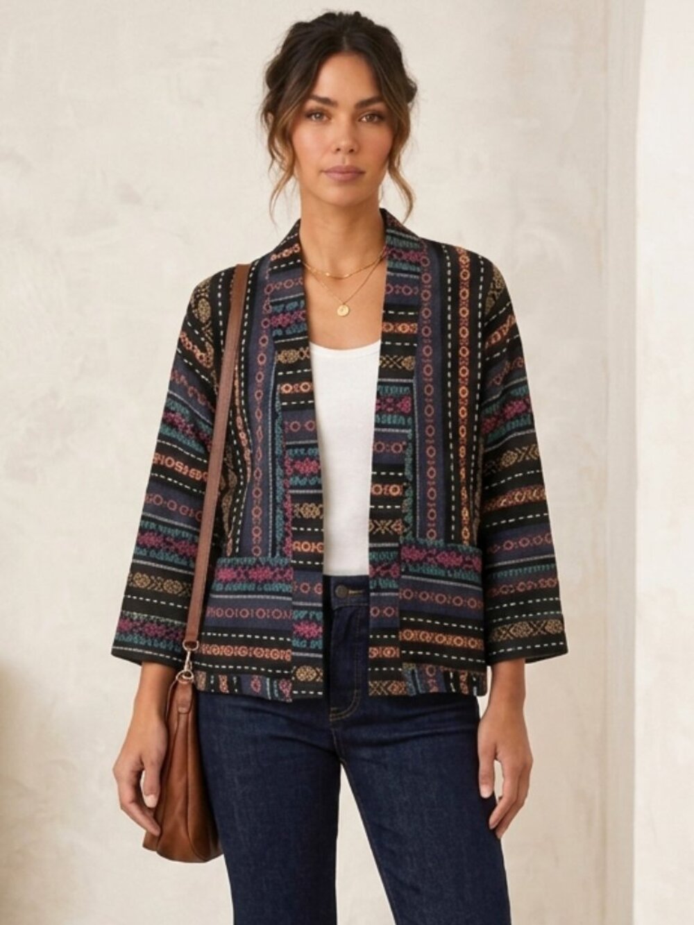 Vintage Tapestry 3/4 Sleeve Southwestern Motif Woven Open Jacket Size S